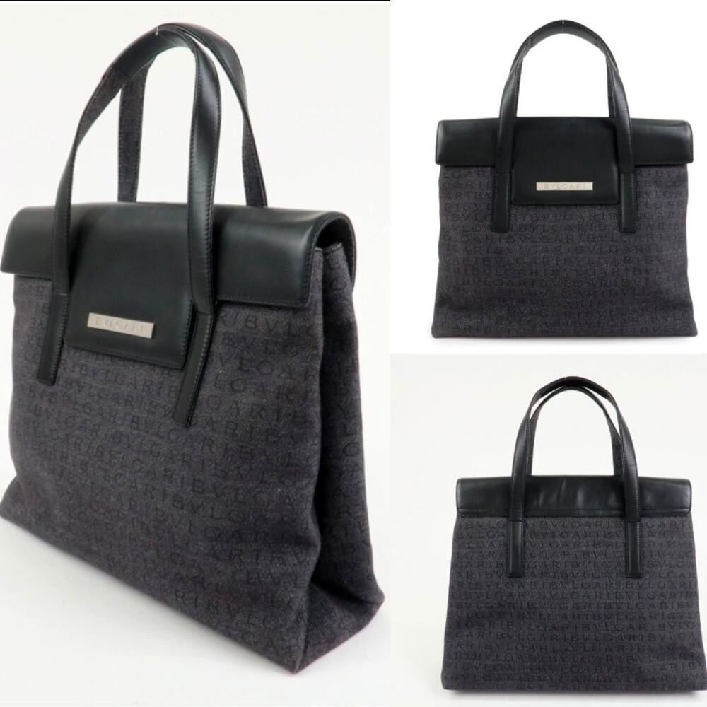 💎✨Authentic✨💎BVLGARI Logo Mania Canvas Leather Tote Bag Hand Bag Black